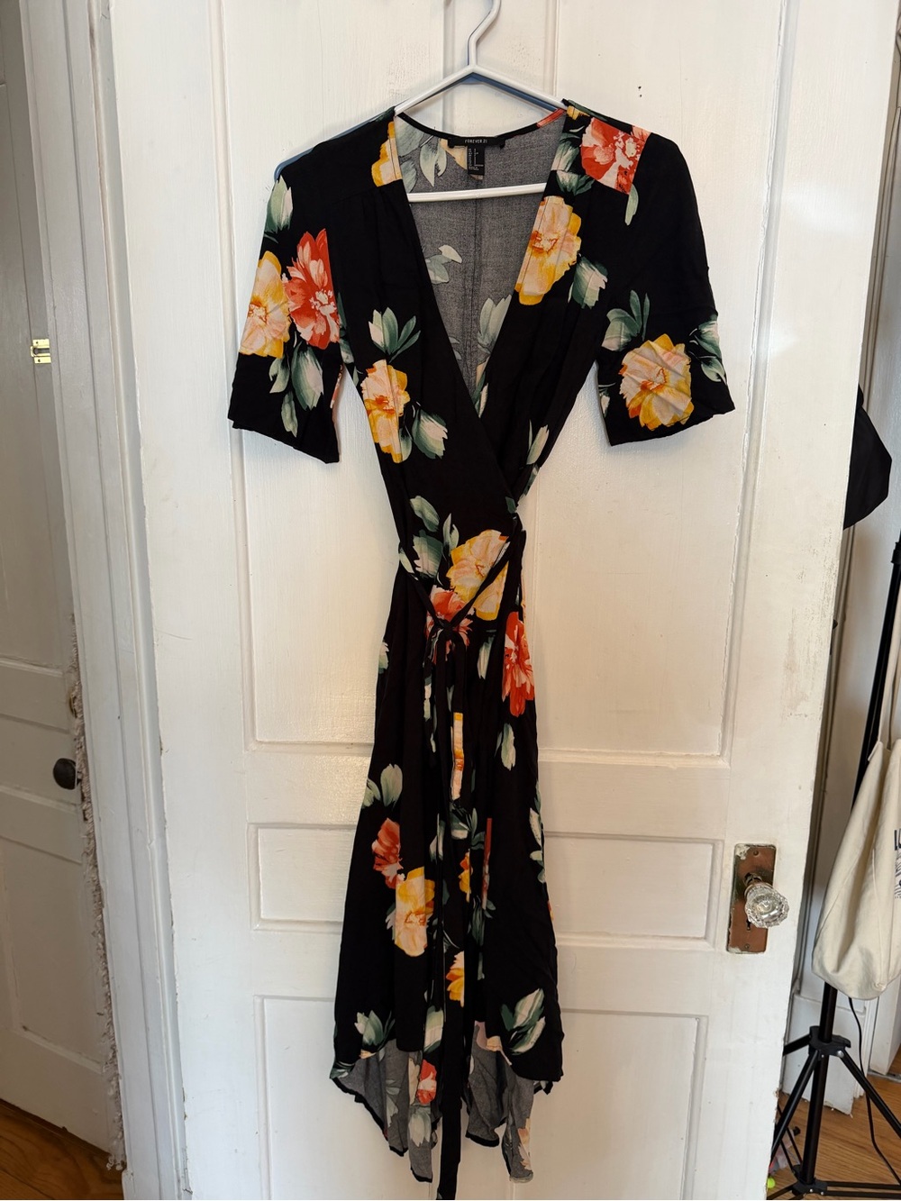 Forever 21 Black Floral Wrap Dress with Yellow & Coral Blooms